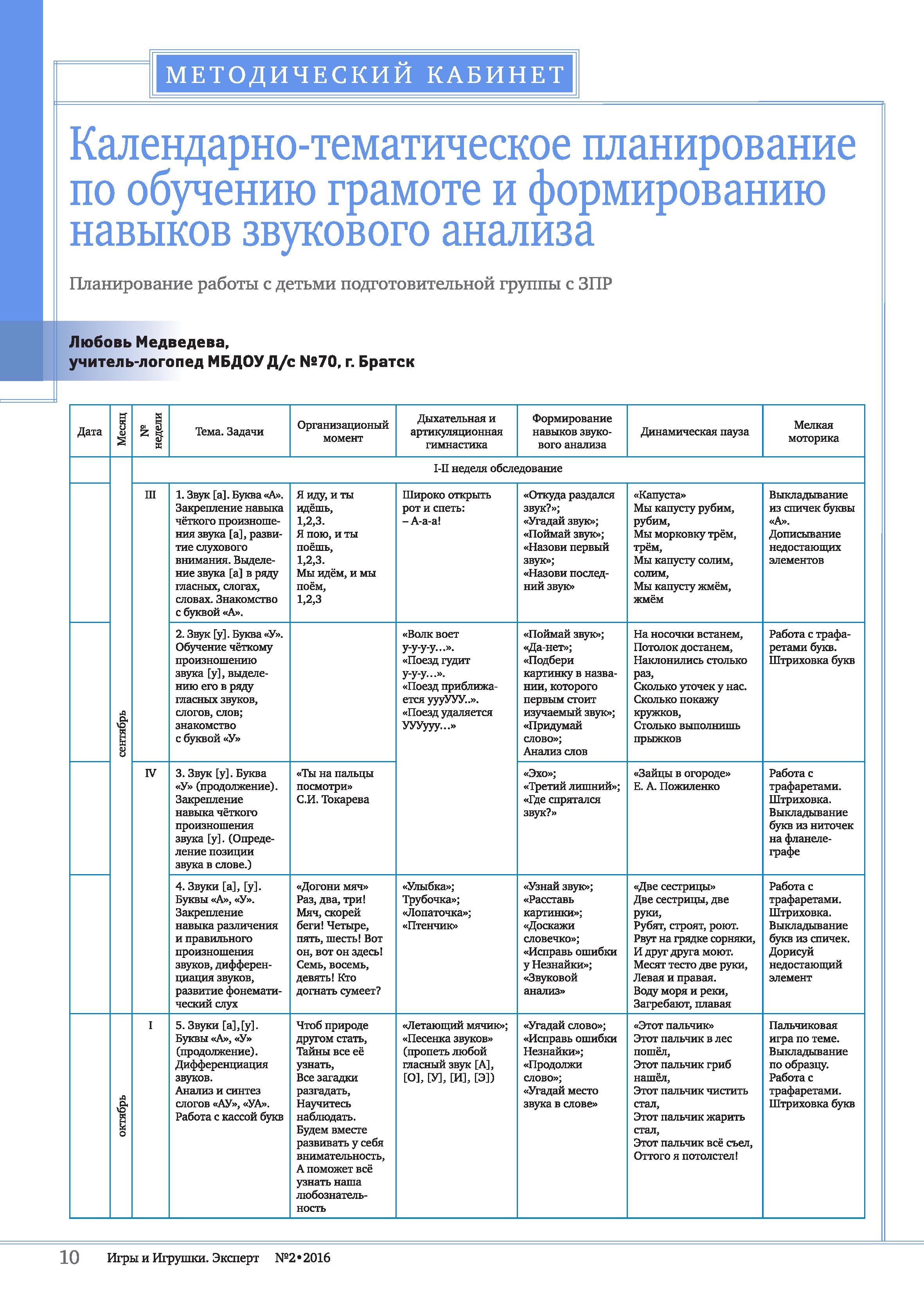 Календарно-тематическое планирование по обучению грамоте и формированию навыков звукового анализа