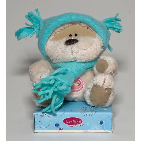 Мишка FizzyMoon сидящий на подставке в голубенькой шапочке и шарфике 