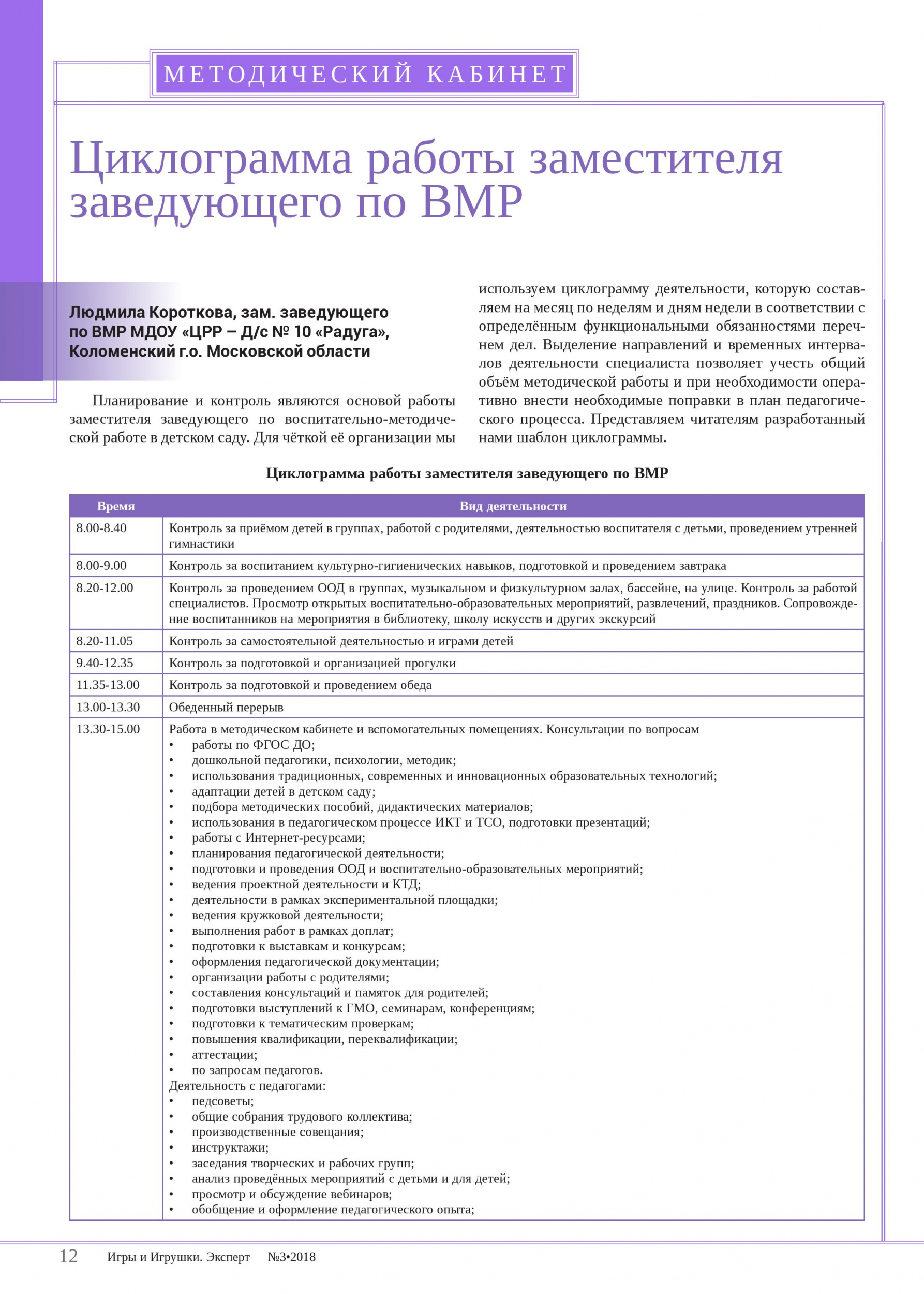 Циклограмма работы заместителя заведующего по ВМР 1 Циклограмма работы заместителя заведующего по ВМР 1
