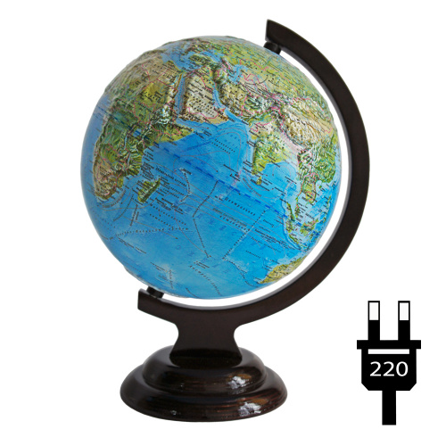 Рельефный ландшафтный глобус Земли с подсветкой, диаметр 21 см, на деревянной подставке
